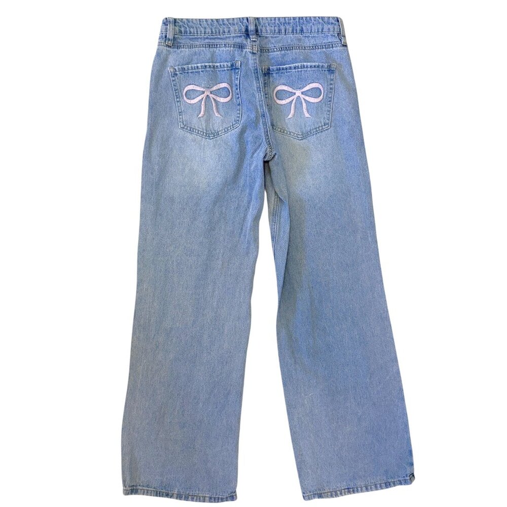 Ashley Mason Bow Embroidered Pocket Baggy Wide Leg Mid Rise Jeans size 3/26
